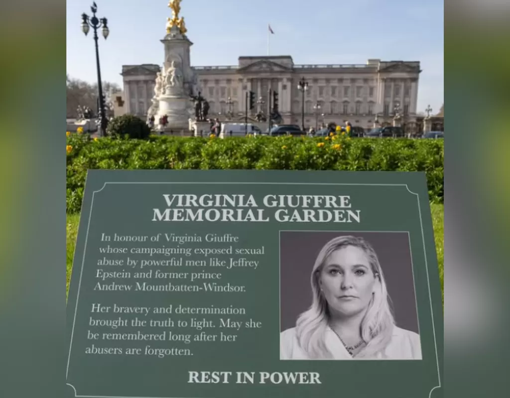 Protestors install Virginia Giuffre memorial plaques in Buckingham Palace garden